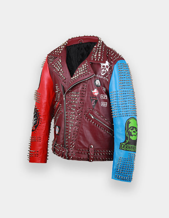 Punk Rock Gothic Studded Jacket, Steampunk Patches Motorbike Cowhide Leather Jacket, Men's Handmade Brando Heavy Metal Jacket,